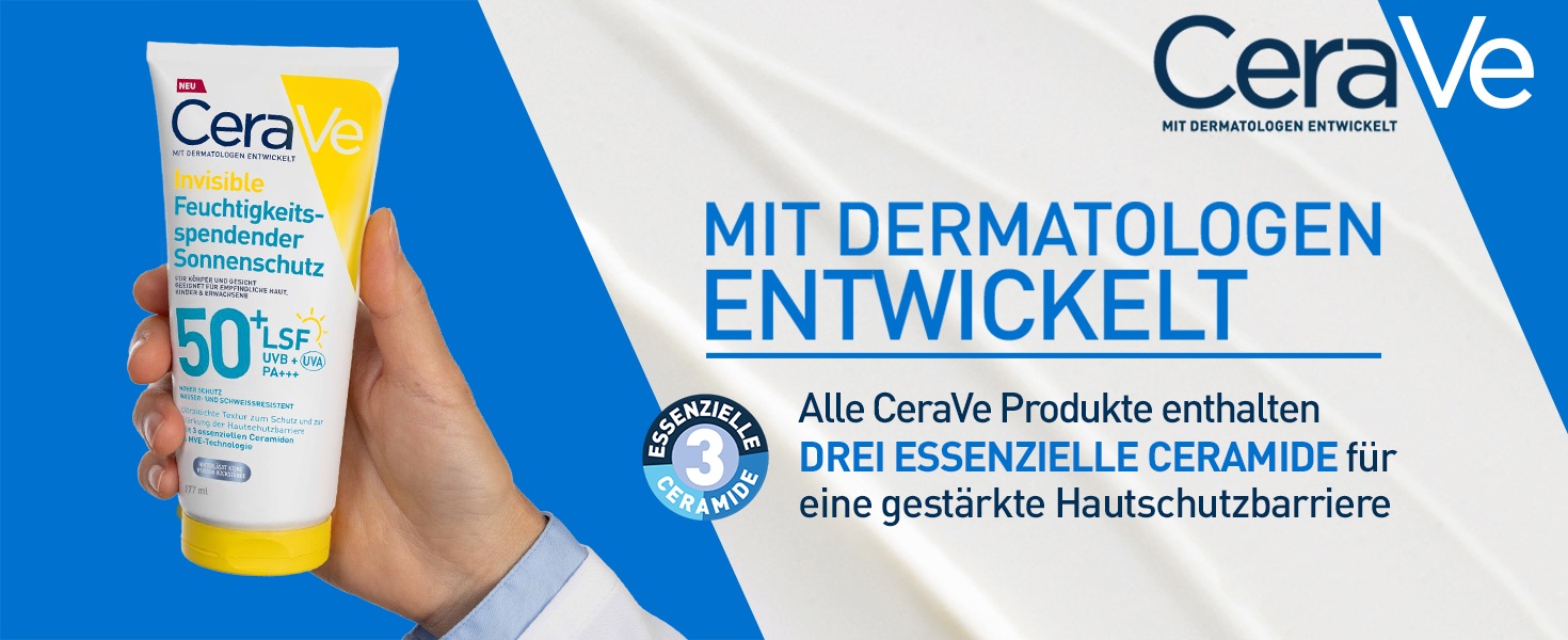 CeraVe Invisible Sonnenschutz LSF 50+ Tube. Text: Mit Dermatologen entwickelt. 177 ml.
